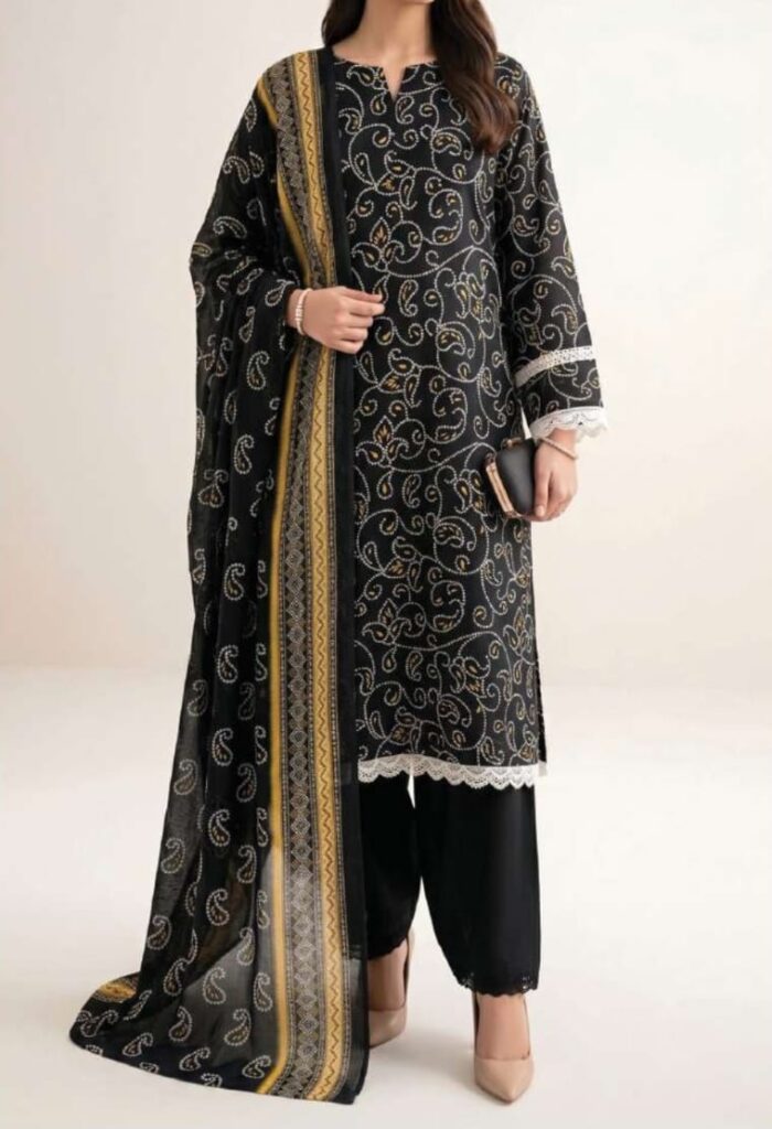 Sapphire Black & Gold Paisley Printed Lawn 3-Piece Suit
