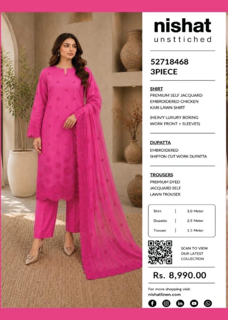 Nishat Hot Pink Embroidered Self Jacquard Lawn 3-Piece Suit