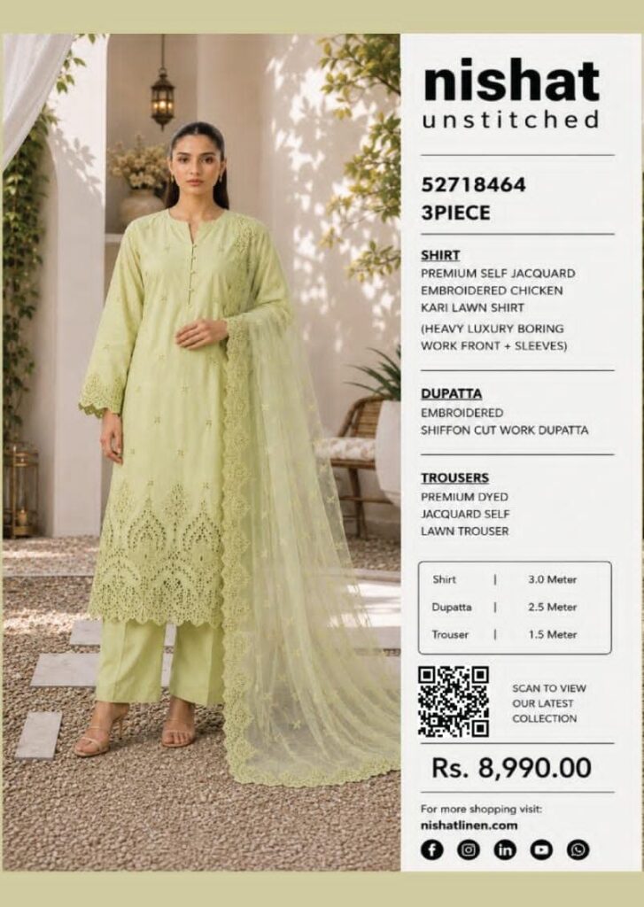 Nishat Pastel Green Embroidered Self Jacquard Lawn 3-Piece Suit