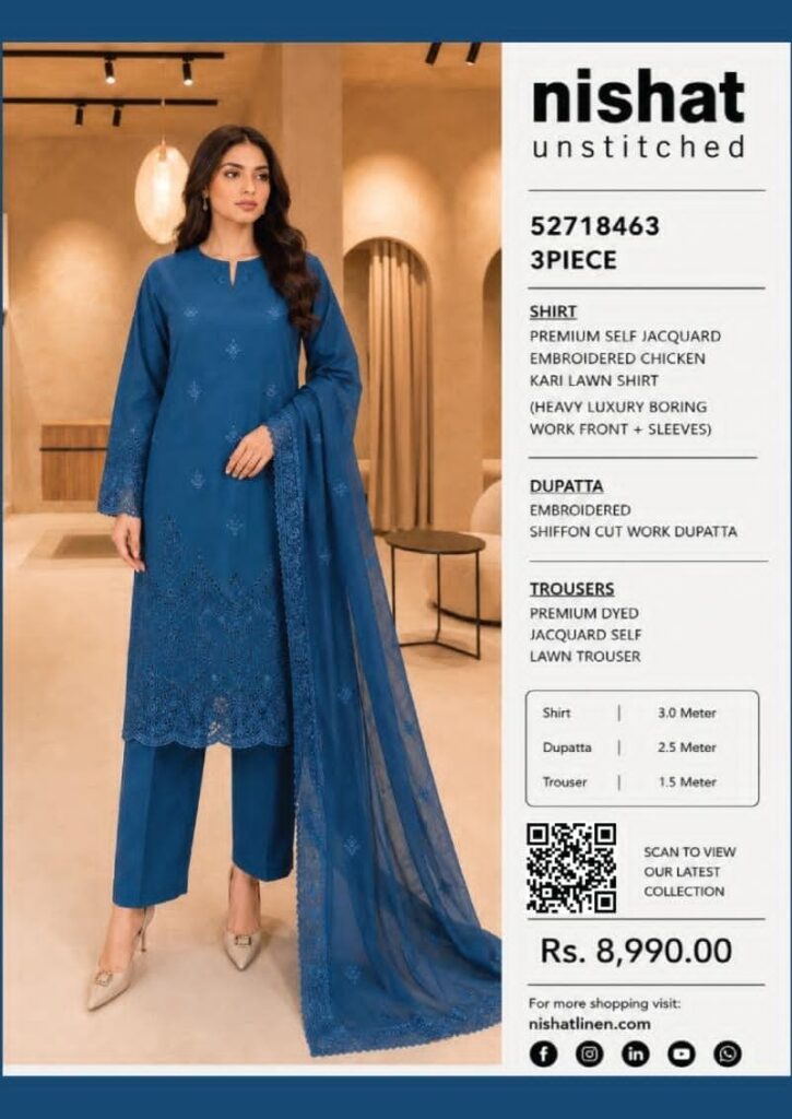 Nishat Deep Blue Embroidered Self Jacquard Lawn 3-Piece Suit
