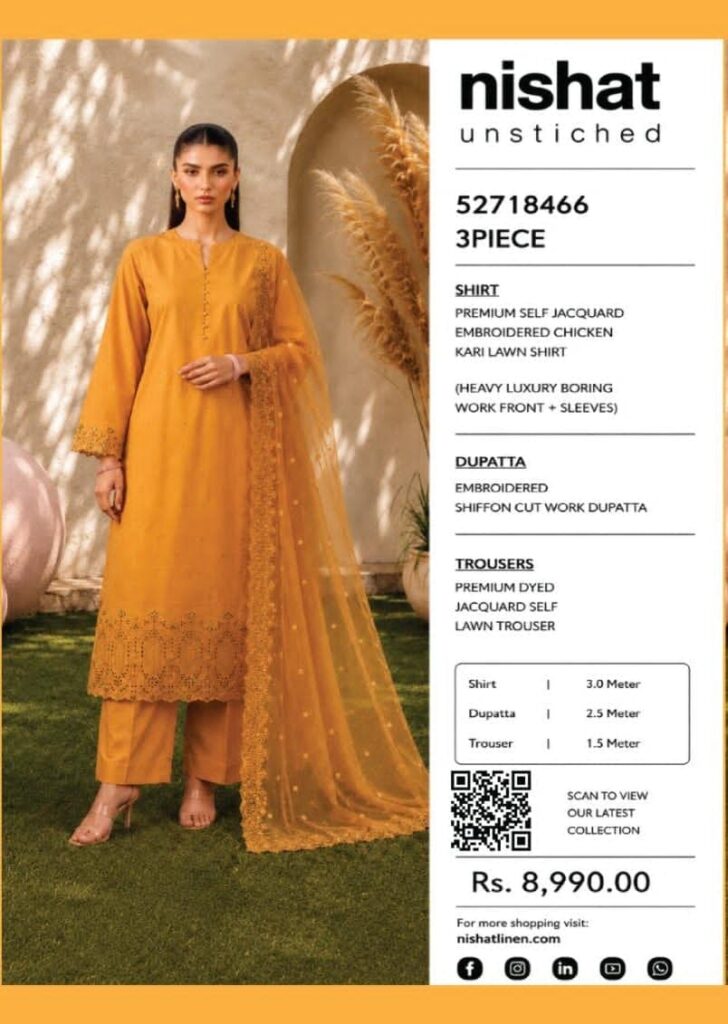 Nishat Mustard Yellow Luxury Embroidered Lawn 3-Piece Suit