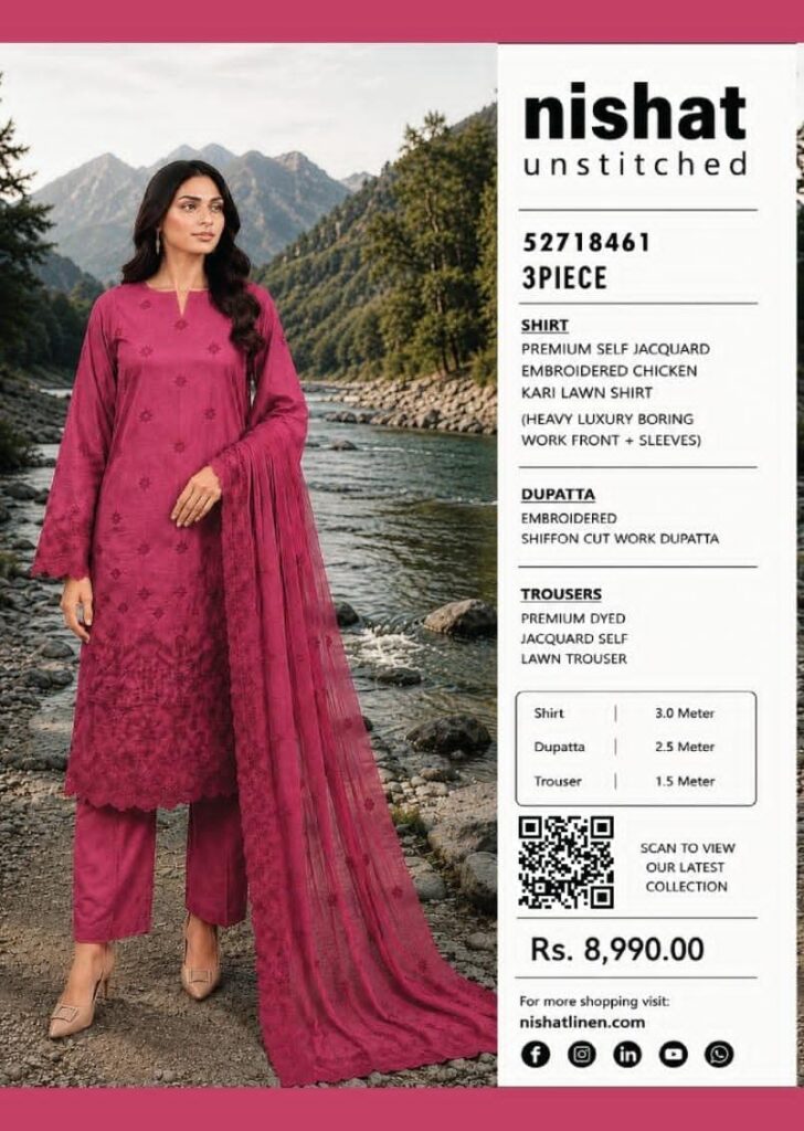 Nishat Magenta Embroidered Self Jacquard Lawn 3-Piece Suit
