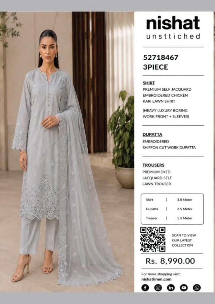 Nishat Light Grey Embroidered Self Jacquard Lawn 3-Piece Suit