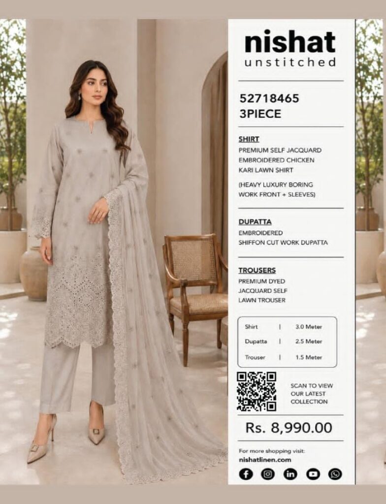 Nishat Grey Embroidered Self Jacquard Lawn 3-Piece Suit
